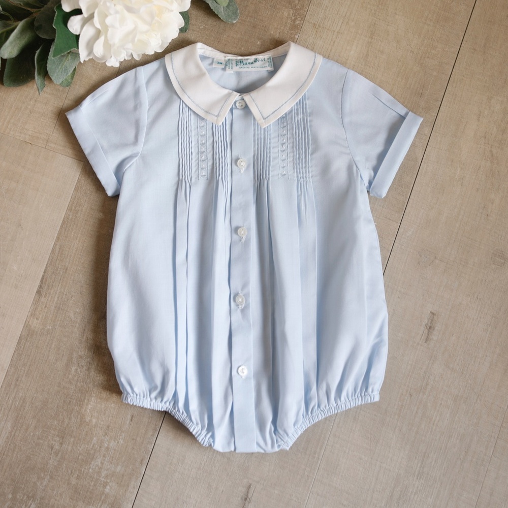 NEW Feltman Brothers Blue Open Front Creeper Heirloom Romper PinTucks Embroidery